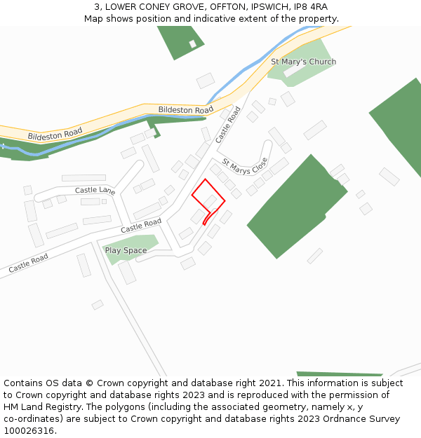 3, LOWER CONEY GROVE, OFFTON, IPSWICH, IP8 4RA: Location map and indicative extent of plot