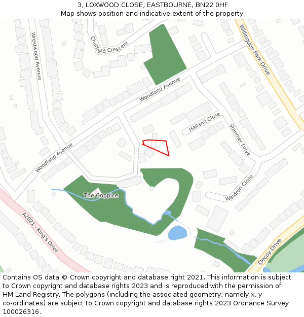 3, LOXWOOD CLOSE, EASTBOURNE, BN22 0HF: Location map and indicative extent of plot