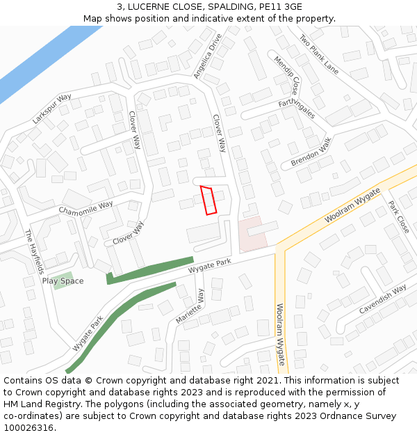 3, LUCERNE CLOSE, SPALDING, PE11 3GE: Location map and indicative extent of plot