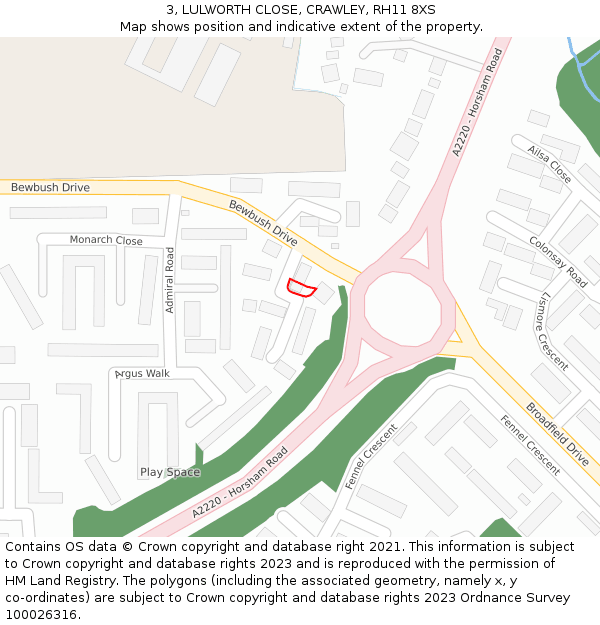 3, LULWORTH CLOSE, CRAWLEY, RH11 8XS: Location map and indicative extent of plot