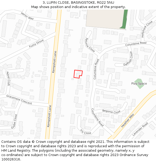 3, LUPIN CLOSE, BASINGSTOKE, RG22 5NU: Location map and indicative extent of plot