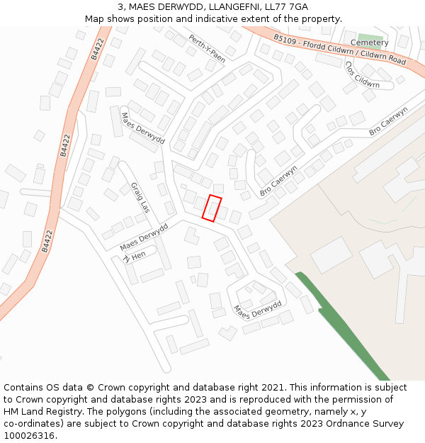 3, MAES DERWYDD, LLANGEFNI, LL77 7GA: Location map and indicative extent of plot