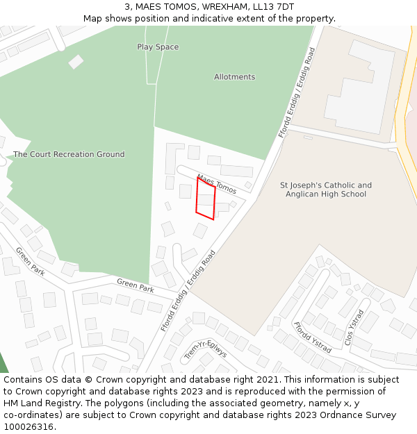 3, MAES TOMOS, WREXHAM, LL13 7DT: Location map and indicative extent of plot