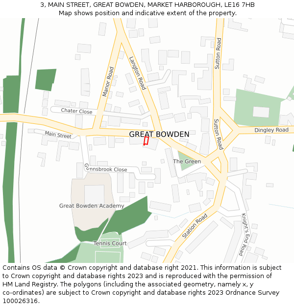 3, MAIN STREET, GREAT BOWDEN, MARKET HARBOROUGH, LE16 7HB: Location map and indicative extent of plot