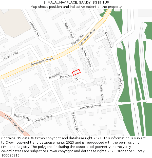 3, MALAUNAY PLACE, SANDY, SG19 1UP: Location map and indicative extent of plot