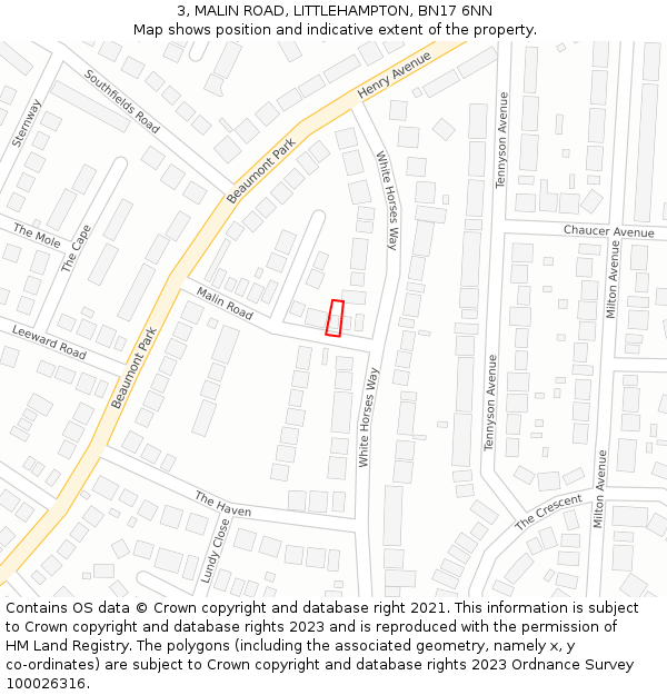 3, MALIN ROAD, LITTLEHAMPTON, BN17 6NN: Location map and indicative extent of plot