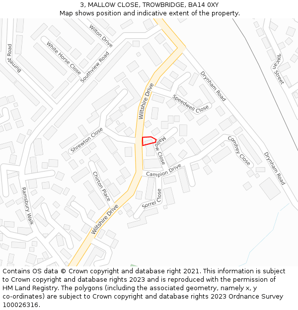 3, MALLOW CLOSE, TROWBRIDGE, BA14 0XY: Location map and indicative extent of plot