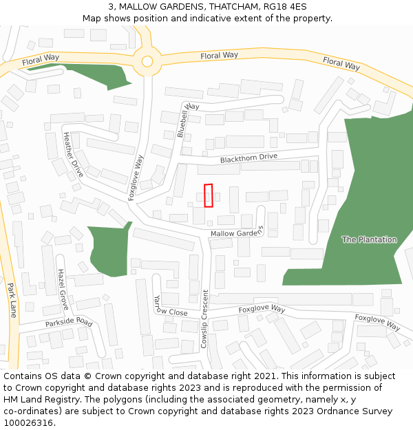 3, MALLOW GARDENS, THATCHAM, RG18 4ES: Location map and indicative extent of plot