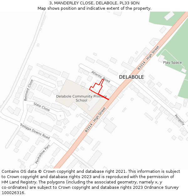 3, MANDERLEY CLOSE, DELABOLE, PL33 9DN: Location map and indicative extent of plot