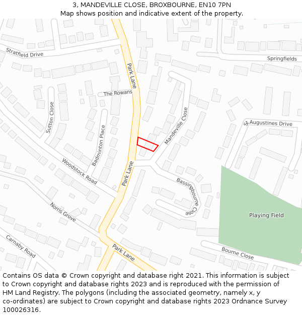 3, MANDEVILLE CLOSE, BROXBOURNE, EN10 7PN: Location map and indicative extent of plot