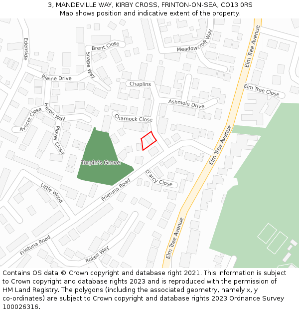 3, MANDEVILLE WAY, KIRBY CROSS, FRINTON-ON-SEA, CO13 0RS: Location map and indicative extent of plot