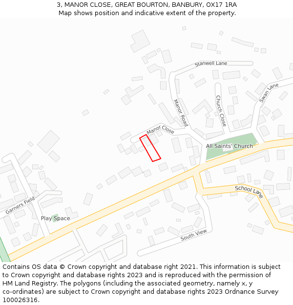 3, MANOR CLOSE, GREAT BOURTON, BANBURY, OX17 1RA: Location map and indicative extent of plot