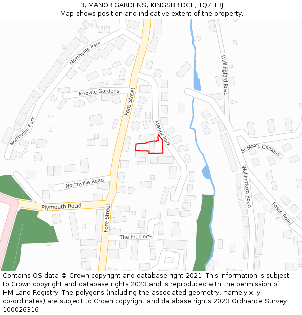 3, MANOR GARDENS, KINGSBRIDGE, TQ7 1BJ: Location map and indicative extent of plot