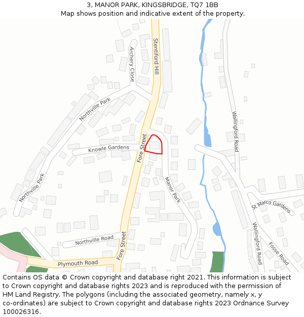 3, MANOR PARK, KINGSBRIDGE, TQ7 1BB: Location map and indicative extent of plot
