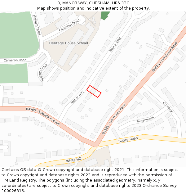 3, MANOR WAY, CHESHAM, HP5 3BG: Location map and indicative extent of plot