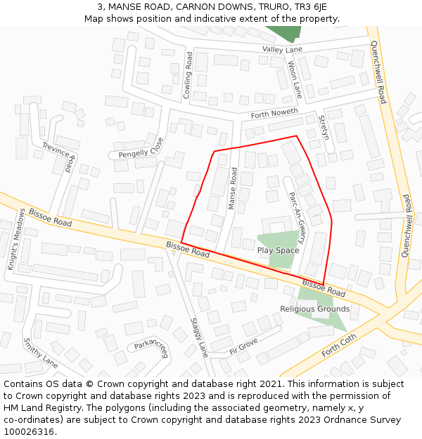 3, MANSE ROAD, CARNON DOWNS, TRURO, TR3 6JE: Location map and indicative extent of plot