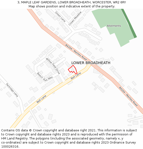 3, MAPLE LEAF GARDENS, LOWER BROADHEATH, WORCESTER, WR2 6RY: Location map and indicative extent of plot