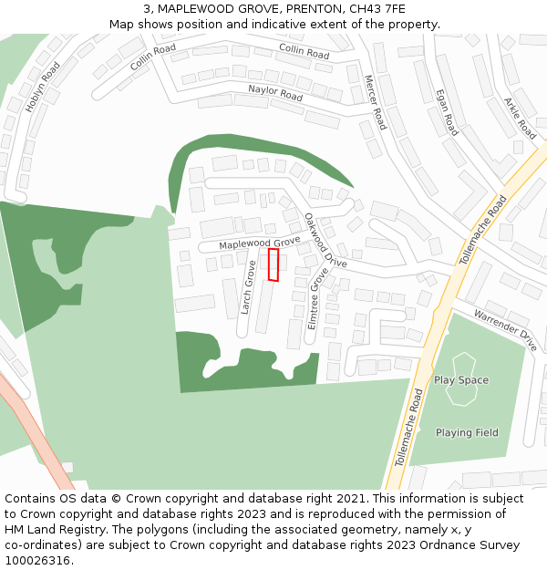 3, MAPLEWOOD GROVE, PRENTON, CH43 7FE: Location map and indicative extent of plot