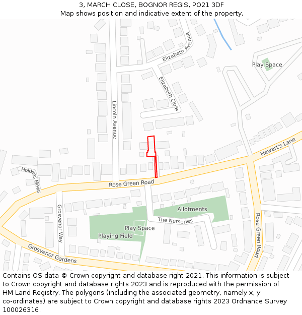 3, MARCH CLOSE, BOGNOR REGIS, PO21 3DF: Location map and indicative extent of plot