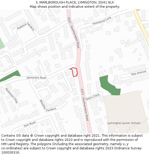3, MARLBOROUGH PLACE, LYMINGTON, SO41 9LX: Location map and indicative extent of plot