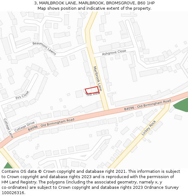 3, MARLBROOK LANE, MARLBROOK, BROMSGROVE, B60 1HP: Location map and indicative extent of plot