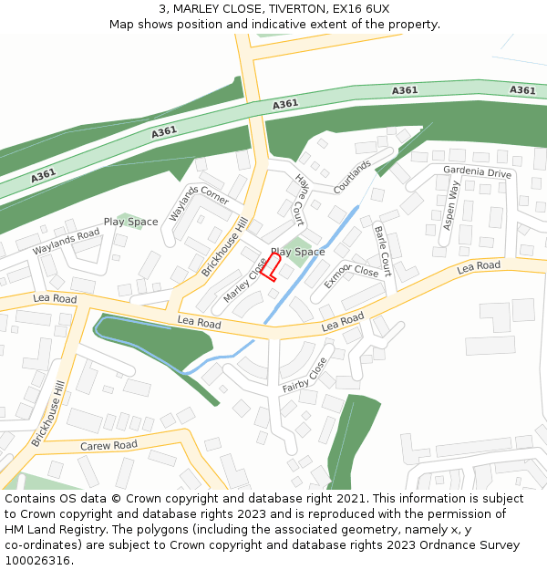 3, MARLEY CLOSE, TIVERTON, EX16 6UX: Location map and indicative extent of plot