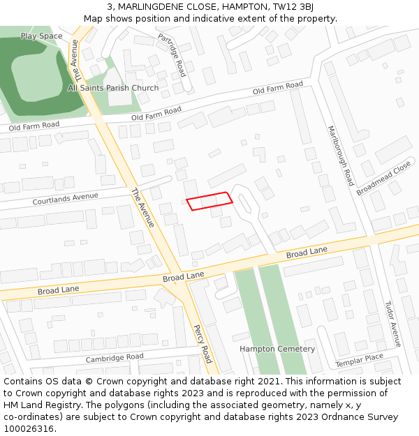 3, MARLINGDENE CLOSE, HAMPTON, TW12 3BJ: Location map and indicative extent of plot