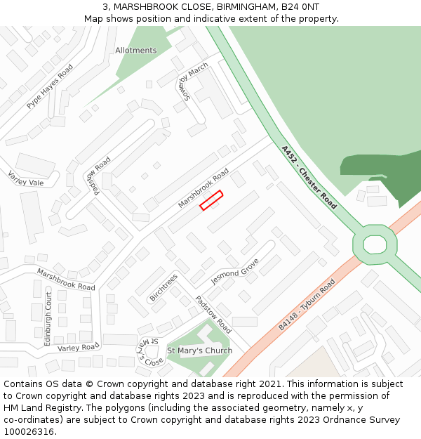 3, MARSHBROOK CLOSE, BIRMINGHAM, B24 0NT: Location map and indicative extent of plot