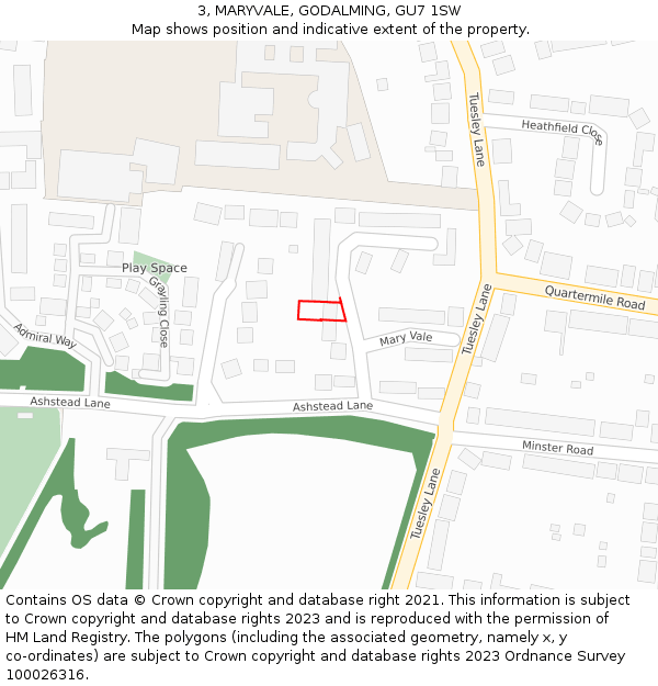 3, MARYVALE, GODALMING, GU7 1SW: Location map and indicative extent of plot