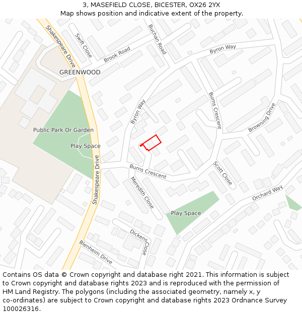 3, MASEFIELD CLOSE, BICESTER, OX26 2YX: Location map and indicative extent of plot