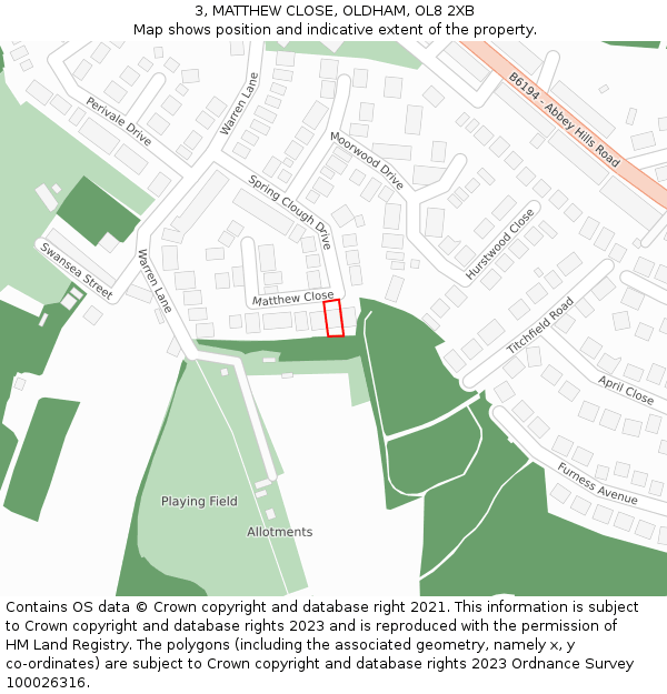 3, MATTHEW CLOSE, OLDHAM, OL8 2XB: Location map and indicative extent of plot