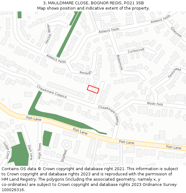 3, MAULDMARE CLOSE, BOGNOR REGIS, PO21 3SB: Location map and indicative extent of plot