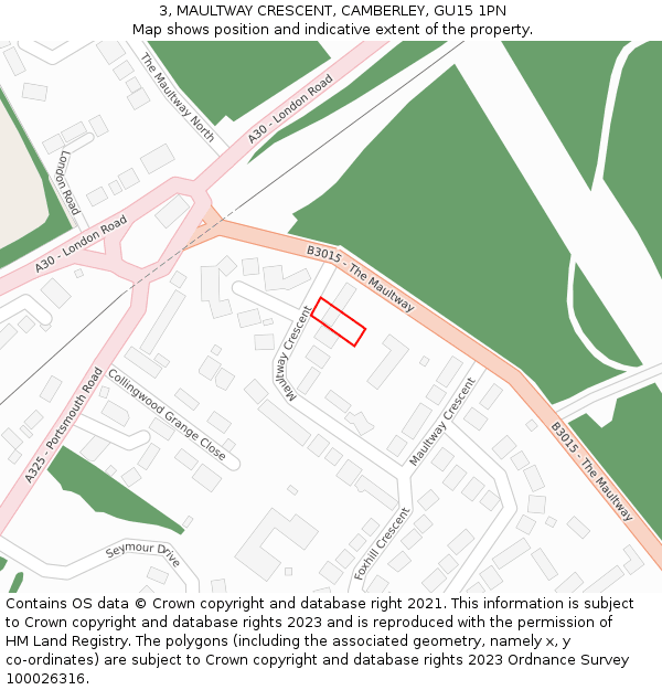 3, MAULTWAY CRESCENT, CAMBERLEY, GU15 1PN: Location map and indicative extent of plot