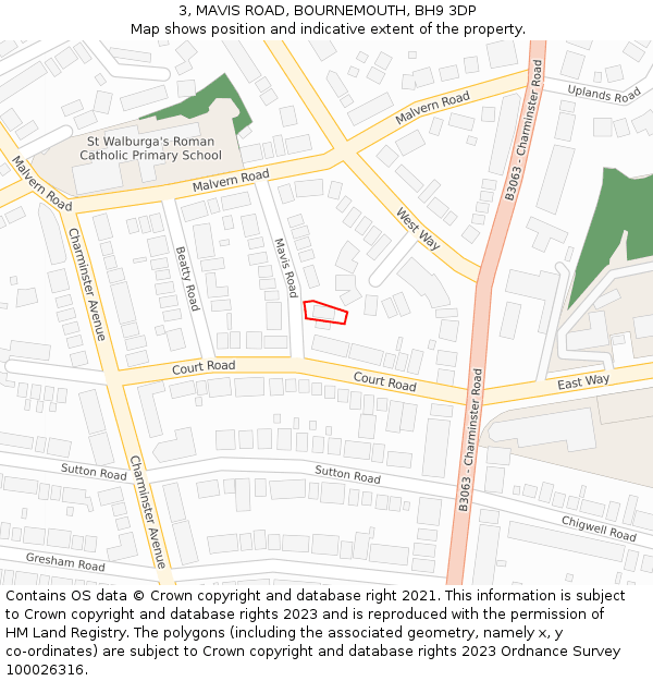 3, MAVIS ROAD, BOURNEMOUTH, BH9 3DP: Location map and indicative extent of plot