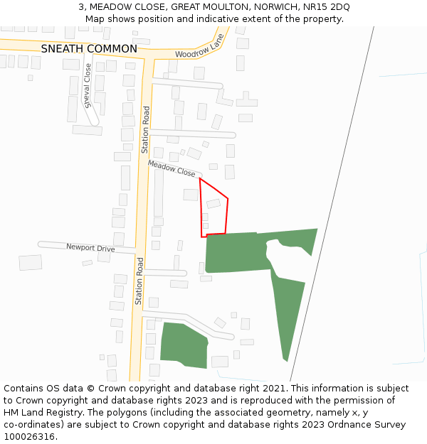 3, MEADOW CLOSE, GREAT MOULTON, NORWICH, NR15 2DQ: Location map and indicative extent of plot