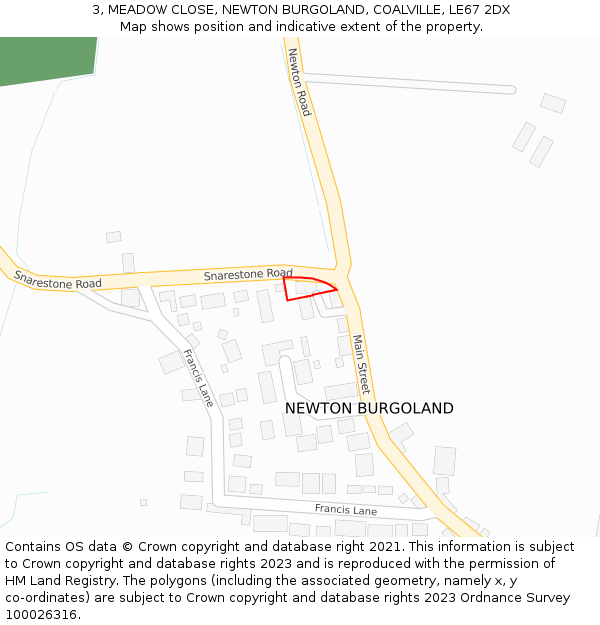 3, MEADOW CLOSE, NEWTON BURGOLAND, COALVILLE, LE67 2DX: Location map and indicative extent of plot