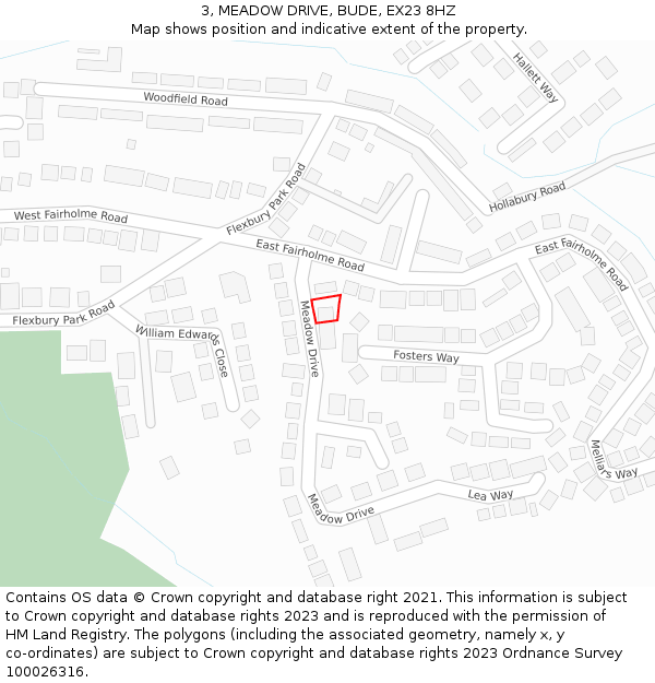 3, MEADOW DRIVE, BUDE, EX23 8HZ: Location map and indicative extent of plot