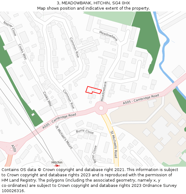 3, MEADOWBANK, HITCHIN, SG4 0HX: Location map and indicative extent of plot