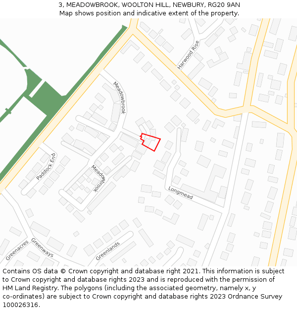 3, MEADOWBROOK, WOOLTON HILL, NEWBURY, RG20 9AN: Location map and indicative extent of plot