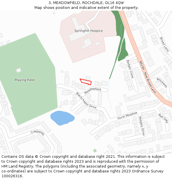 3, MEADOWFIELD, ROCHDALE, OL16 4QW: Location map and indicative extent of plot