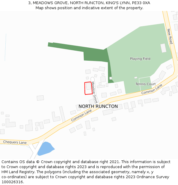 3, MEADOWS GROVE, NORTH RUNCTON, KING'S LYNN, PE33 0XA: Location map and indicative extent of plot