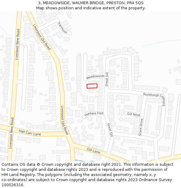 3, MEADOWSIDE, WALMER BRIDGE, PRESTON, PR4 5QS: Location map and indicative extent of plot