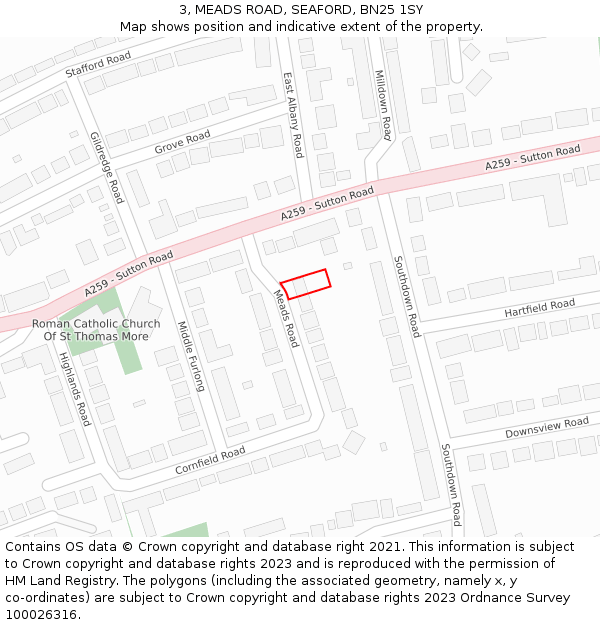 3, MEADS ROAD, SEAFORD, BN25 1SY: Location map and indicative extent of plot