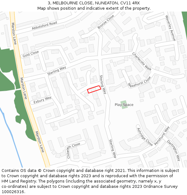 3, MELBOURNE CLOSE, NUNEATON, CV11 4RX: Location map and indicative extent of plot