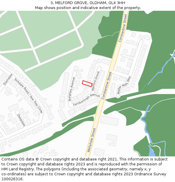 3, MELFORD GROVE, OLDHAM, OL4 3HH: Location map and indicative extent of plot