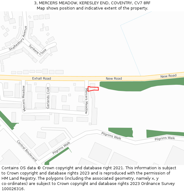 3, MERCERS MEADOW, KERESLEY END, COVENTRY, CV7 8RF: Location map and indicative extent of plot