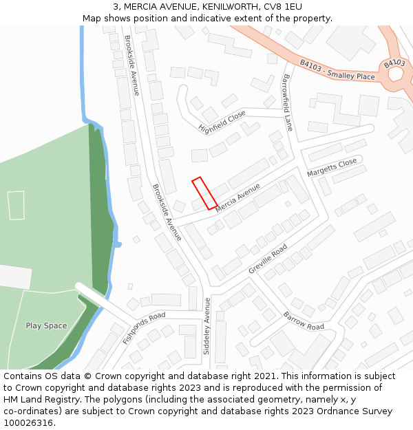 3, MERCIA AVENUE, KENILWORTH, CV8 1EU: Location map and indicative extent of plot