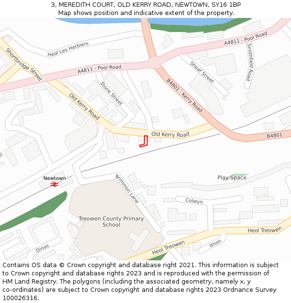 3, MEREDITH COURT, OLD KERRY ROAD, NEWTOWN, SY16 1BP: Location map and indicative extent of plot