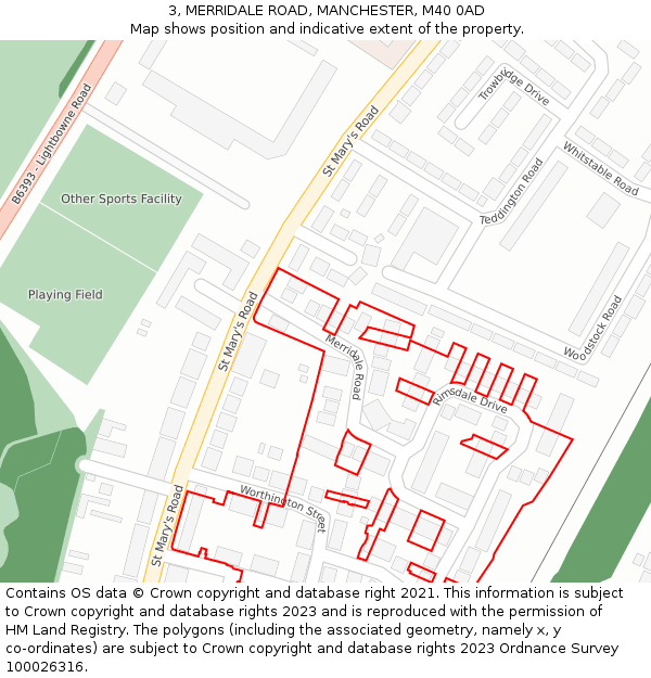 3, MERRIDALE ROAD, MANCHESTER, M40 0AD: Location map and indicative extent of plot