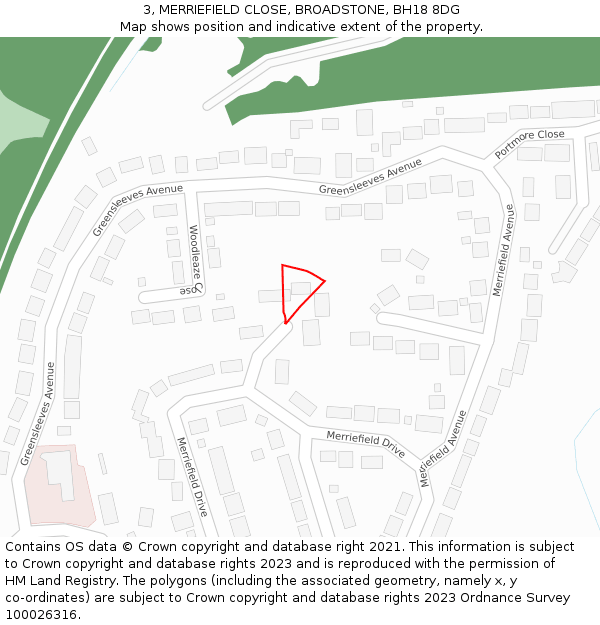 3, MERRIEFIELD CLOSE, BROADSTONE, BH18 8DG: Location map and indicative extent of plot